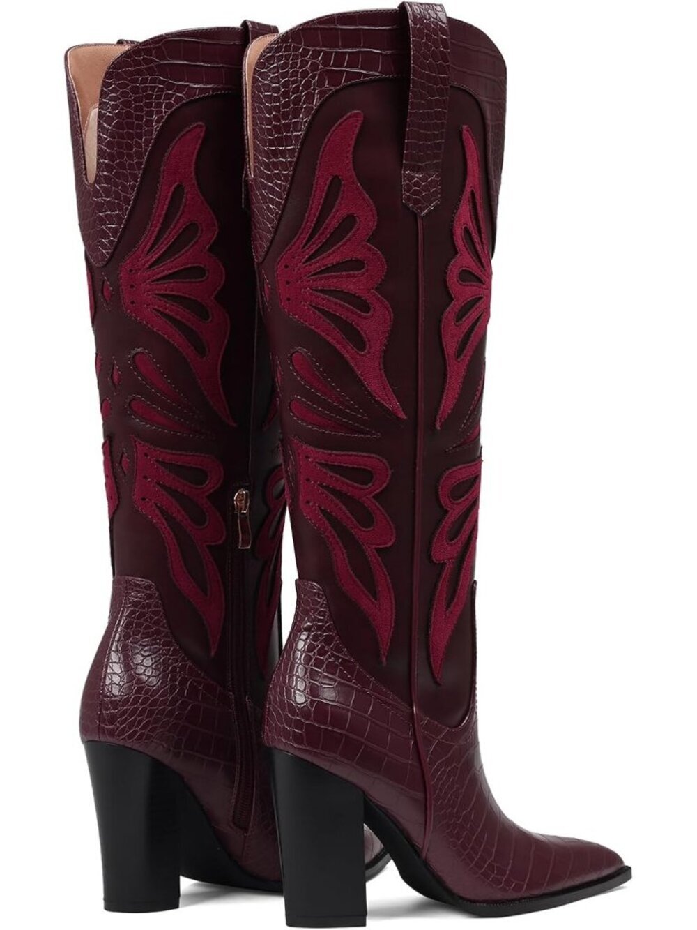 Women's Burgundy Rubber Pointed Toe Chunky Butterfly Wide Calf Knee High Boots - Picture 7 of 7